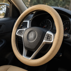 Beige Leather Car Steering Wheel Cover | Hand-Sewn Breathable Grip